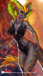 Rule 34 | 1girl, alanscampos, black sclera, black skin, body markings, breasts, claws, colored sclera, colored skin, glasses, highres, horns, kulve taroth, lingerie, looking at viewer, monster girl, monster hunter, monster hunter: world, monster hunter (series), navel, orange eyes, personification, solo, sparkle, thighs, underwear