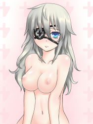 Rule 34 | 1girl, blue eyes, breasts, eyepatch, kageshio (276006), large breasts, long hair, nipples, nude, silver hair, solo, symbol-shaped pupils
