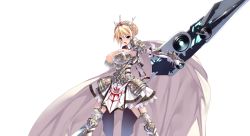 Rule 34 | 1girl, armor, blonde hair, breasts, cape, cleavage, crown, elbow gloves, gauntlets, giselle olympiada, gloves, holding, holding weapon, imanaka koutarou, jewelry, large breasts, looking at viewer, miniskirt, open mouth, pauldrons, rune lord, shoulder armor, simple background, skirt, solo, sword, thighhighs, transparent background, weapon
