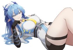 Rule 34 | 1girl, absurdres, arknights, bare shoulders, blue eyes, blue hair, breasts, commentary, hand up, highres, horns, ling (arknights), long hair, looking at viewer, lying, medium breasts, necktie, on back, pointy ears, shirt, smile, solo, thigh strap, thighs, white shirt, yellow necktie, yuu azma