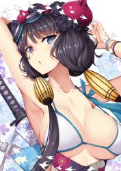 Rule 34 | 1girl, absurdres, arm up, armpits, bare shoulders, bikini, blush, bracelet, breasts, cleavage, collarbone, fate/grand order, fate (series), floral background, floral print, flower, goggles, goggles on head, hair flower, hair ornament, highres, jewelry, katana, katsushika hokusai (fate), katsushika hokusai (swimsuit saber) (fate), large breasts, looking at viewer, nakano sora, purple eyes, purple hair, short hair with long locks, sidelocks, swimsuit, sword, weapon, white background, white bikini