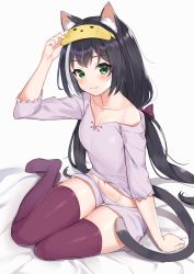 Rule 34 | 1girl, animal ear fluff, animal ears, arm up, bare shoulders, black hair, blush, bow, breasts, cat ears, cat girl, cat tail, closed mouth, collarbone, commentary request, fang, fang out, green eyes, grey shirt, groin, hair bow, highres, karyl (princess connect!), lips, long hair, looking at viewer, low twintails, midriff, multicolored hair, navel, no shoes, noboru (kamine204136), off-shoulder shirt, off shoulder, pajamas, princess connect!, purple bow, purple pajamas, purple shirt, purple shorts, red thighhighs, shirt, short shorts, shorts, simple background, sitting, sleep mask, small breasts, smile, solo, streaked hair, tail, thighhighs, thighs, twintails, very long hair, white background, white hair, yokozuwari