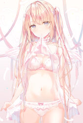 Rule 34 | 1girl, acusoy12, angel wings, blonde hair, blush, bow, bow bra, bow panties, bra, breasts, choker, cleavage, collarbone, commentary, dot nose, expressionless, feathered wings, hair ribbon, highres, lace, lace-trimmed bra, lace choker, lace trim, long hair, looking at viewer, medium breasts, mouth hold, navel, original, panties, pink bra, pink panties, ribbon, solo, stomach, symbol-only commentary, twintails, underwear, very long hair, white wings, wings