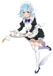 Rule 34 | 1girl, absurdres, apron, black dress, blue bow, blue footwear, blue hair, blush, bow, bowtie, breasts, dress, elliot leucosia, enjo kouhai, fins, fish girl, frilled dress, frills, full body, garter straps, highres, leg up, maid, maid headdress, monster girl, open mouth, purple eyes, shoes, simple background, small breasts, solo, takunomi, thighhighs, webbed hands, white background, white thighhighs, zettai ryouiki