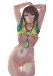 Rule 34 | 1girl, absurdres, arms behind head, artist name, between breasts, black hair, bottomless, breasts, cameltoe, clothes lift, collarbone, gluteal fold, green eyes, highres, hololive, looking at viewer, medium breasts, myth1carts, navel, nipples, no bra, oozora subaru, parted lips, pussy, shirt lift, short hair, short sleeves, solo, stomach, thigh gap, thighs, uncensored, virtual youtuber, whistle, white background