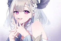 Rule 34 | 1girl, blue nails, braid, cleavage cutout, clothing cutout, enna alouette, enna alouette (2nd costume), flower, grey hair, hair flower, hair ornament, head wings, highres, juwaton, leaning forward, looking at viewer, nijisanji, nijisanji en, official alternate costume, open mouth, own hands together, purple eyes, shirt, side braid, sleeveless, sleeveless shirt, smile, solo, veil, virtual youtuber, white flower, white shirt, wings