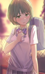 Rule 34 | &gt;:(, 1girl, bag, blurry, blurry background, blush, collared shirt, evening, gift, green eyes, green hair, hand on own chest, idolmaster, idolmaster shiny colors, looking to the side, nanakusa nichika, open mouth, plaid, plaid skirt, pleated skirt, school bag, shirt, shoka bg, skirt, solo, sweater vest, v-shaped eyebrows