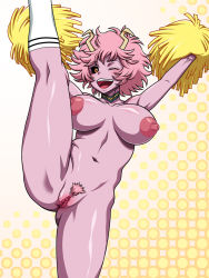 Rule 34 | 10s, 1girl, ashido mina, bare shoulders, black sclera, boku no hero academia, breasts, cheerleader, clitoris, colored sclera, colored skin, damenade, highres, horns, large breasts, leg up, looking at viewer, navel, nipples, nude, one eye closed, pink hair, pink skin, pubic hair, pussy, smile, standing, standing on one leg, sweat, teeth, uncensored, wink, yellow eyes