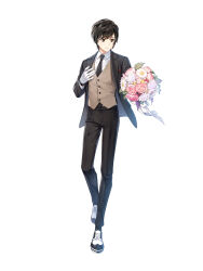 Rule 34 | 1boy, black hair, black jacket, black necktie, black pants, black socks, blue eyes, bouquet, brown vest, chrysanthemum, closed mouth, closers, collared shirt, flower, formal, full body, gloves, hand on own chest, hand up, highres, holding, holding bouquet, jacket, looking to the side, male focus, necktie, official art, outstretched arm, oxfords, pants, pink flower, pink rose, rose, seha lee, shirt, short hair, smile, socks, solo, suit, swept bangs, tachi-e, vest, walking, white background, white flower, white footwear, white gloves, white shirt