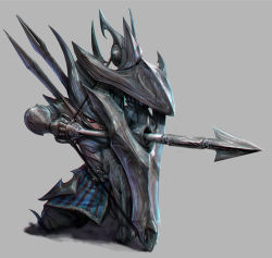 Rule 34 | 1boy, aiming, armor, arrow (projectile), belt, belt buckle, bow, bow (weapon), buckle, clenched teeth, gauntlets, greaves, grey background, helmet, holding, holding arrow, holding bow (weapon), holding shield, holding weapon, kyung han kim, male focus, on one knee, original, pointy ears, pulling, red eyes, shield, simple background, solo, teeth, vambraces, weapon, wheel