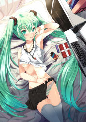 Rule 34 | 1girl, aqua eyes, aqua hair, bed, black thighhighs, blush, breasts, chocolate, clothes lift, come hither, finger to mouth, gift, hatsune miku, highres, jewelry, keyboard (computer), lifted by self, long hair, looking at viewer, lying, medium breasts, midriff, navel, necklace, no bra, on back, on bed, panties, pillow, pleated skirt, ribbon, shirt lift, skirt, skirt lift, solo, striped clothes, striped panties, tank top, thighhighs, tongue, tongue out, twintails, underboob, underwear, upskirt, valentine, vocaloid, xephonia
