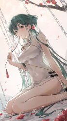 Rule 34 | 1girl, absurdres, bare legs, blurry, bracelet, breasts, china dress, chinese clothes, cleavage, covered navel, depth of field, dress, dutch angle, ekina (1217), flower, green eyes, green hair, hair flower, hair ornament, half updo, hand fan, hatsune miku, highres, holding, holding fan, jewelry, long hair, looking at viewer, medium breasts, no panties, paper fan, parted lips, pelvic curtain, petals, shaohua hatsune miku, short dress, short sleeves, shrug (clothing), sidelocks, sitting, socks, solo, thighs, very long hair, vocaloid, water, wet, white dress, white socks