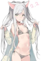 Rule 34 | 1girl, animal ears, bad id, bad twitter id, bikini, black neckwear, blush, breasts, bunching hair, cardigan, cat ears, choker, collarbone, commentary request, cowboy shot, dated, green eyes, green jacket, grey bikini, grey ribbon, hashimoto mari, jacket, long hair, long sleeves, looking at viewer, mari (rubymaririn), navel, off shoulder, open cardigan, open clothes, open jacket, original, parted lips, playing with own hair, side-tie bikini bottom, silver hair, simple background, small breasts, solo, standing, stomach, swept bangs, swimsuit, tsurime, twintails, twintails day, very long hair, white background