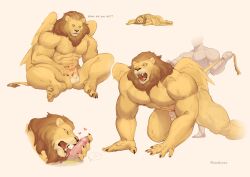 Rule 34 | 2boys, abs, anal, artist name, bara, biceps, completely nude, dungeon meshi, erection, fang, fangs, fellatio, furry, furry male, heart, highres, kawaakumma, large pectorals, male focus, manly, mature male, multiple boys, muscular, muscular male, nipples, nude, open mouth, oral, pectorals, penis, pubic tattoo, simple background, sitting, spread legs, stomach tattoo, tattoo, thick arms, thick thighs, thighs, tongue, tongue out, twitter username, winged lion (dungeon meshi), wings