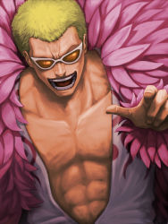 Rule 34 | 1boy, blonde hair, donquixote doflamingo, feather boa, feathers, highres, male focus, muscular, one piece, open clothes, open mouth, open shirt, shirt, short hair, smile, solo, sunglasses, topless male, yoshida takanori