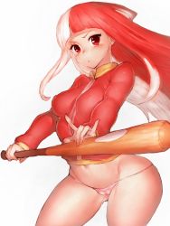 Rule 34 | 10s, 1girl, akiba&#039;s trip, akiba&#039;s trip the animation, baseball bat, breasts, covered erect nipples, fumio (rsqkr), long hair, looking at viewer, mayonaka matome, midriff, multicolored hair, navel, red eyes, red hair, skindentation, solo, thighs, two-tone hair