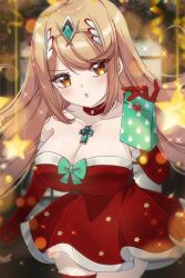 Rule 34 | 1girl, alternate costume, blonde hair, breasts, dress, highres, large breasts, mythra (xenoblade), santa dress, solo, xenoblade chronicles (series), xenoblade chronicles 2, yellow eyes, zer00han