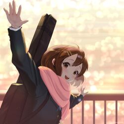 Rule 34 | 1girl, :d, absurdres, blue ribbon, blurry, blurry background, blush, bokeh, brown eyes, brown hair, commentary, depth of field, duplicate, guitar case, hair between eyes, hair ornament, hairclip, highres, hirasawa yui, instrument case, k-on!, long sleeves, neck ribbon, omochiarts, open mouth, outdoors, outstretched arms, pink scarf, ribbon, round teeth, sakuragaoka high school uniform, scarf, school uniform, shirt, short hair, smile, solo, teeth, twitter username, upper body, upper teeth only, white shirt, winter clothes, winter uniform