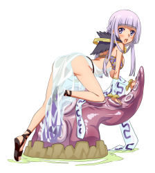 Rule 34 | 1girl, all fours, arched back, ass, bare shoulders, blunt bangs, bracelet, jewelry, kawagoe pochi, looking back, no panties, open mouth, purple eyes, purple hair, ragnarok online, sandals, see-through, solo, sorcerer (ragnarok online), tentacles