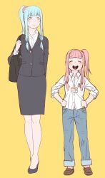 Rule 34 | 2girls, absurdres, alternate costume, alternate height, bag, black footwear, black jacket, blue hair, blunt bangs, blush, brown footwear, closed eyes, closed mouth, commentary request, denim, dress shirt, facing viewer, full body, hands on own hips, height difference, high heels, highres, holding strap, id card, jacket, jeans, kotonoha akane, kotonoha aoi, lanyard, loafers, long hair, looking at another, mashima jirou, multiple girls, office lady, one side up, open mouth, pants, pencil skirt, pink eyes, pink hair, shirt, shoes, short hair with long locks, shoulder bag, siblings, side-by-side, side ponytail, simple background, sisters, skirt, sleeves past elbows, smile, standing, suit jacket, sweatdrop, voiceroid, yellow background