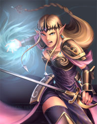 Rule 34 | 1girl, armor, blonde hair, blue eyes, braid, brittany fuerst, circlet, earrings, energy ball, hyrule warriors, jewelry, long hair, multiple tails, nintendo, open mouth, pelvic curtain, pointy ears, princess zelda, saehral, shoulder armor, signature, solo, sword, tail, the legend of zelda, vambraces, very long hair, watermark, weapon, web address