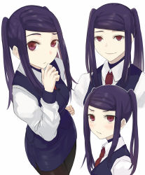 Rule 34 | 1girl, asakiri koko, bartender, blush, hand on own chin, highres, jill stingray, long hair, looking at viewer, necktie, pantyhose, purple hair, raised eyebrows, red eyes, smile, solo, twintails, va-11 hall-a, vest, white background