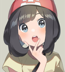 Rule 34 | 1girl, :o, beanie, black hair, blue eyes, blush, creatures (company), game freak, grey background, hand on own face, hat, looking at viewer, nintendo, open mouth, pokemon, pokemon sm, red hat, round teeth, selene (pokemon), shirt, short hair, short sleeves, simple background, solo, swept bangs, tareme, teeth, unapoppo, upper body, upper teeth only, yellow shirt