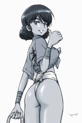 Rule 34 | 1girl, absurdres, ass, breasts, fundoshi, girls und panzer, greyscale, grin, highres, hiyama yuu (wee259hiyama), japanese clothes, large breasts, looking back, mizu happi, monochrome, short hair, signature, simple background, smile, solo, thumbs up, viridiana (girls und panzer)