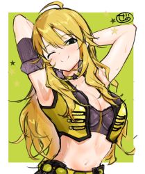 Rule 34 | 1girl, ;), ahoge, arms behind head, arms up, blonde hair, border, breasts, c:, cleavage, closed mouth, green background, hair between eyes, head tilt, highres, hoshii miki, idolmaster, idolmaster (classic), large breasts, long hair, midriff, navel, one eye closed, sidelocks, signature, simple background, smile, solo, split mouth, star (symbol), sweat, upper body, very long hair, vest, wavy hair, white border, yellow vest, zenoo