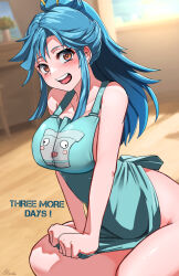 Rule 34 | 1girl, alternate costume, apron, apron tug, bare arms, bare shoulders, black lips, blue hair, blurry, blurry background, blush, breasts, brown eyes, cleavage, collarbone, fujioka yatsufusa, hair ornament, hairpin, high ponytail, highres, indoors, kamen america (comic), kamen ramen, large breasts, lipstick, long hair, looking at viewer, makeup, naked apron, open mouth, seiza, sidelocks, sitting, smile, solo, v arms