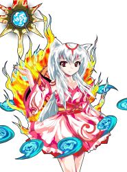 Rule 34 | 1girl, alphes (style), amaterasu (ookami), animal ears, female focus, fire, formless god, japanese clothes, magatama, ookami (game), parody, personification, red eyes, solo, style parody, sword, tail, touhou, weapon, white hair, wolf ears, wolf tail