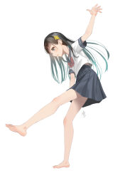 Rule 34 | 1girl, aqua hair, arm up, balancing, bare legs, barefoot, black hair, black skirt, blunt bangs, blush, bow, bowtie, colored inner hair, feet, from side, gradient hair, hair ornament, highres, leaning forward, legs, miniskirt, mizo-chan (yamahara), multicolored hair, open mouth, original, pleated skirt, red bow, red bowtie, school uniform, serafuku, shirt, short sleeves, signature, simple background, skirt, soles, solo, standing, standing on one leg, thighs, toenails, toes, white background, white shirt, yamahara