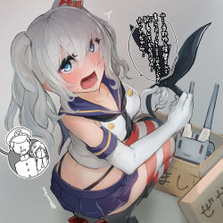 Rule 34 | 1boy, 2girls, ^^^, admiral (kancolle), alternate costume, black hairband, black panties, blood, blue eyes, blue skirt, blush, box, breasts, cosplay, crop top, elbow gloves, full-face blush, gloves, grey background, hairband, highleg, highleg panties, kantai collection, kashima (kancolle), katori (kancolle), looking at viewer, looking back, medium breasts, microskirt, multiple girls, myuutau tadakichi, nosebleed, open mouth, panties, rensouhou-chan, sailor collar, shimakaze (kancolle), shimakaze (kancolle) (cosplay), sidelocks, silver hair, simple background, skirt, sleeveless, speech bubble, squatting, striped clothes, striped legwear, striped thighhighs, thighhighs, thong, translation request, twintails, underwear, wavy hair, white gloves