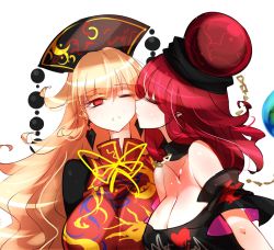 Rule 34 | 2girls, bare shoulders, black choker, black dress, black shirt, blonde hair, breasts, chain, choker, cleavage, clenched teeth, closed eyes, clothes writing, collarbone, commentary request, dress, earrings, earth (ornament), hair between eyes, headdress, heart, hecatia lapislazuli, highres, jewelry, junko (touhou), kiss, kiss day, kissing cheek, large breasts, long hair, multiple girls, neck ribbon, no nose, off-shoulder shirt, off shoulder, one eye closed, pointy ears, profile, raptor7, red eyes, ribbon, shirt, short sleeves, simple background, t-shirt, tabard, tassel, teeth, touhou, upper body, white background, yellow ribbon, yuri