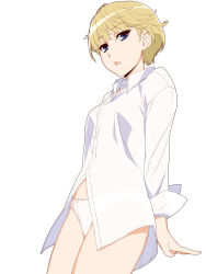 Rule 34 | 1girl, arm support, blonde hair, blue eyes, breasts, cowboy shot, dress shirt, female focus, highres, ino (magloid), leaning back, long sleeves, looking at viewer, no pants, otome function, panties, parted lips, see-through, see-through silhouette, shirt, short hair, simple background, sleeves rolled up, small breasts, solo, standing, tatiana vasilievna stalina, underwear, white background, white panties