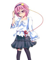 Rule 34 | 1girl, alternate costume, bad id, bad pixiv id, bespectacled, blouse, bracelet, contemporary, female focus, glasses, hairband, heart, jewelry, komeiji satori, lv21, pink eyes, pink hair, shirt, short hair, simple background, skirt, solo, thighhighs, third eye, touhou, transparent background