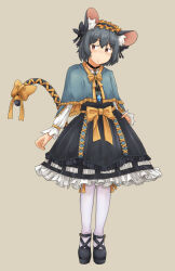 Rule 34 | 1girl, adapted costume, animal ears, black bow, black dress, blue cape, bow, brown eyes, cape, chagamaka, dress, grey hair, hair bow, highres, looking to the side, mouse ears, mouse girl, mouse tail, nazrin, shirt, short hair, solo, tail, thighhighs, touhou, white shirt, white thighhighs, yellow bow