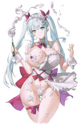 Rule 34 | 1girl, absurdres, apron, aqua hair, bare shoulders, blush, bow, breasts, cherry, choker, cropped legs, food, frilled choker, frills, fruit, gluteal fold, highres, holding, holding ladle, ladle, large breasts, long hair, looking at viewer, maid headdress, nike (nike1060), original, sidelocks, solo, thigh gap, thighs, twintails, wrist cuffs