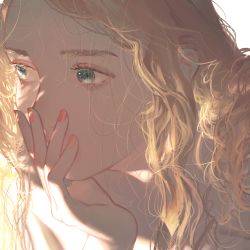Rule 34 | 1girl, backlighting, blonde hair, close-up, covered mouth, curly hair, expressionless, eyelashes, facing viewer, fingernails, green eyes, hand on own face, hand to own mouth, hand up, head rest, highres, kyuko2go, leaning, leaning forward, long eyelashes, long hair, looking afar, messy hair, nail polish, original, red nails, shaded face, sidelocks, simple background, solo, tareme, thick eyebrows, upper body, white background