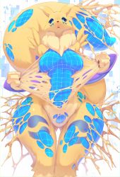 Rule 34 | 1girl, absurdres, bandai namco, black sclera, blue eyes, breasts, colored sclera, detached sleeves, digimon, digimon (creature), digimon tamers, fingerless gloves, fur collar, furry, furry female, gloves, highres, narrow waist, open mouth, renamon, ripping, solo, standing, thebrobine, thick thighs, thighs