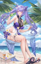Rule 34 | 1girl, alternate costume, armpit crease, bare arms, bare legs, bare shoulders, beach, bottle, breasts, can, cleavage, cone hair bun, covered navel, day, drink can, genshin impact, hair bun, hair ornament, hairclip, hammock, highleg, highleg swimsuit, highres, holding, holding bottle, keqing (genshin impact), large breasts, legs, long hair, looking at viewer, melailai, one-piece swimsuit, outdoors, pink eyes, pouring, pouring onto self, purple hair, see-through, see-through cleavage, sitting, skindentation, slippers, soda can, solo, swimsuit, thighs, twintails, wet, white one-piece swimsuit