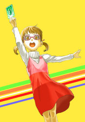 Rule 34 | 1girl, atlus, bespectacled, brown eyes, brown hair, card, child, doujima nanako, dress, funtarunta, glasses, holding, holding card, open mouth, persona, persona 4, short twintails, solo, twintails