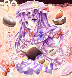 Rule 34 | 1girl, book, cake, candy, candy cane, crescent, crescent moon, doughnut, female focus, food, fork, harukaruha, hat, heart, long hair, moon, patchouli knowledge, purple eyes, purple hair, solo, spoon, touhou