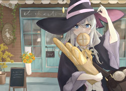 Rule 34 | 1girl, absurdres, awning, bag, baguette, black hat, blue eyes, blush, braid, bread, chalkboard, collared shirt, commentary request, cowboy shot, dot nose, elaina (majo no tabitabi), emblem, flower, food, food in mouth, grocery bag, hair between eyes, hand on headwear, hat, highres, holding, holding bag, long hair, looking at viewer, majo no tabitabi, mouth hold, outdoors, paper bag, shirt, shopping bag, side braid, silver hair, solo, storefront, wadaiharu, white shirt, wide sleeves, witch hat