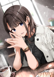 Rule 34 | 1girl, absurdres, bracelet, brown hair, cake, coffee, dutch angle, food, fork, fuu (fuore), highres, indoors, jacket, jacket on shoulders, jewelry, looking at viewer, medium hair, nail polish, necklace, original, own hands clasped, own hands together, ring, solo, tray, window