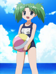 Rule 34 | 1girl, ball, bare shoulders, beach, beachball, blue eyes, blue one-piece swimsuit, breasts, closed mouth, collarbone, day, dot nose, green hair, highres, holding, holding ball, holding beachball, kurosaki asami, legs, looking at viewer, mahoraba, medium hair, name tag, one-piece swimsuit, open mouth, outdoors, school swimsuit, sky, small breasts, solo, standing, stitched, swimsuit, third-party edit, water