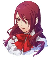 Rule 34 | 1girl, bow, bowtie, drill hair, eyes visible through hair, hair over one eye, isa (peien516), kirijou mitsuru, long hair, persona, persona 3, red bow, red bowtie, red eyes, red hair, school uniform, scowl, shirt, simple background, solo, upper body, v-shaped eyebrows, white background, white shirt