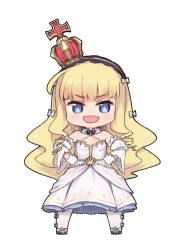 Rule 34 | 1girl, :d, ahoge, azur lane, bare shoulders, blonde hair, blue bow, blue eyes, blush, bow, crown, curly hair, detached sleeves, dress, fang, gloves, hair bow, long hair, looking at viewer, mini crown, moru (monaka), open mouth, queen elizabeth (azur lane), queen elizabeth (the queen&#039;s ball) (azur lane), simple background, smile, solo, standing, v-shaped eyebrows, very long hair, wavy hair, white background, white bow, white dress, white gloves, white legwear