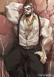 Rule 34 | 1boy, bara, beard, chain, chain necklace, chest hair, collared shirt, earrings, facial hair, feet out of frame, jewelry, large pectorals, lightning bolt earrings, lightning bolt symbol, male focus, mature male, muscular, muscular male, mustache, necklace, open clothes, open shirt, original, pectoral cleavage, pectorals, shirt, short hair, solo, sunglasses, suspenders, thick thighs, thighs, wet, wet clothes, wet shirt, white shirt, xiawenjie