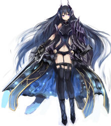 Rule 34 | 1girl, absurdres, armor, armored dress, black hair, black panties, black thighhighs, bridal garter, chain, chain necklace, clothing cutout, cross-laced footwear, full body, gold trim, headgear, highres, holding, holding sword, holding weapon, jewelry, legwear garter, long hair, looking at viewer, navel, navel cutout, necklace, original, panties, purple eyes, simple background, solo, standing, sword, thighhighs, thighs, underwear, very long hair, weapon, white background, yoshizawa tsubaki